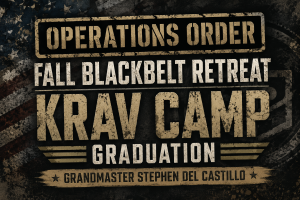 "A graphic designed with a weathered, military-style aesthetic featuring a faded American flag background. The text reads: 'OPERATIONS ORDER: FALL BLACKBELT RETREAT, KRAV CAMP GRADUATION, GRANDMASTER STEPHEN DEL CASTILLO
