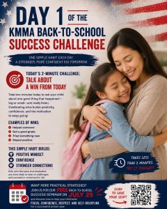 Day 1 of the KMMA Back-to-School Success Challenge featuring a mother hugging her smiling child. The 2-minute challenge encourages parents to ask their child about one win from the day to build confidence, a positive mindset, and stronger family connections. Includes examples of daily wins and an invitation to a free Back-to-School Success Seminar on July 25