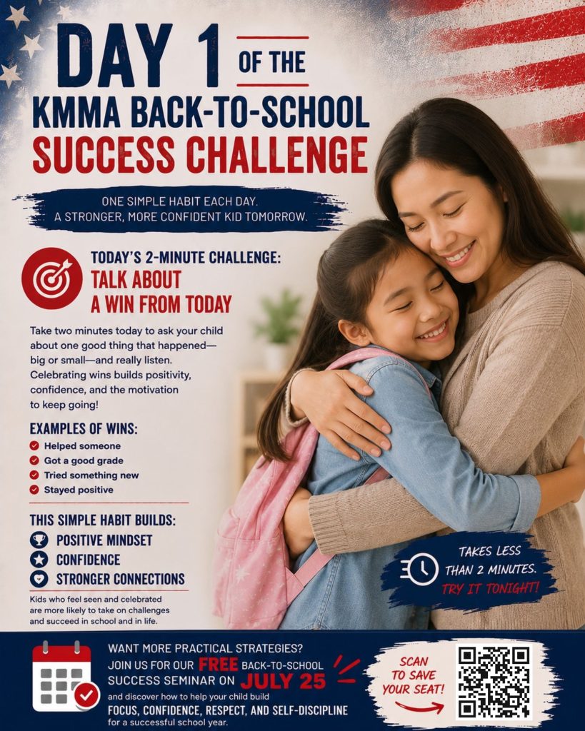 Day 1 of the KMMA Back-to-School Success Challenge featuring a mother hugging her smiling child. The 2-minute challenge encourages parents to ask their child about one win from the day to build confidence, a positive mindset, and stronger family connections. Includes examples of daily wins and an invitation to a free Back-to-School Success Seminar on July 25