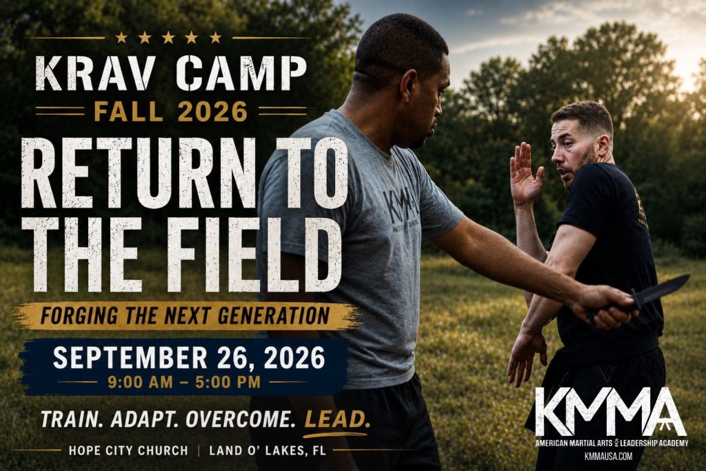 Promotional flyer for Krav Camp Fall 2026: Return to the Field, taking place on September 26, 2026, from 9:00 AM to 5:00 PM at Hope City Church in Land O' Lakes, FL. The image shows two instructors practicing Krav Maga self-defense techniques in an outdoor field. Hosted by Krav Maga Martial Arts