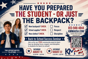 Patriotic Back-to-School Success Seminar flyer from Krav Maga Martial Arts (KMMA) promoting a free community event for parents. The flyer asks, 'Have You Prepared the Student—Or Just the Backpack?' and highlights teaching children focus, respect, and discipline for the new school year. Two seminar dates are featured: Saturday, August 15 and Saturday, August 22, from 12:30 p.m. to 2:00 p.m., with a QR code, KMMAUSA.com, and phone number 813-948-4844.