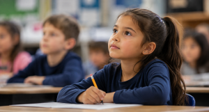 A young girl with dark hair in a ponytail sits at a desk in a classroom, holding a pencil and looking up with a focused expression, while other children are blurred in the background.