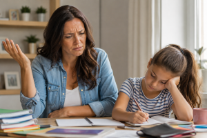 A frustrated mother looking exasperated while sitting at a table with her young daughter who is reluctantly doing homework.