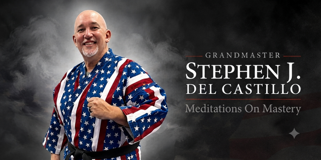 Grandmaster Stephen J. Del Castillo in a patriotic star-spangled uniform and black belt, smiling with a fist raised against a smoky dark background, accompanied by the text "Meditations On Mastery".