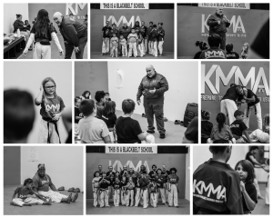 A black-and-white photo collage showcasing martial arts instruction and group photos at Krav Maga Martial Arts (KMMA). Highlights feature Grandmaster Stephen Del Castillo and instructors guiding adult and youth students during class, along with group photos under the banner "This is a Blackbelt School"